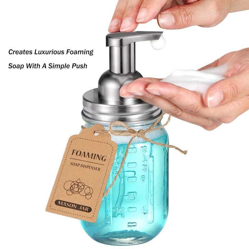 Amolliar Mason Jar Foaming Soap Dispenser Pump Lids, Rustproof Stainless Steel Lid Plastic Pump for Regular Mouth Mason Jar, Kitchen Bathroom Farmhouse Decor, Waterproof Stickers, Brushed Nickel 2Pack - Image 2